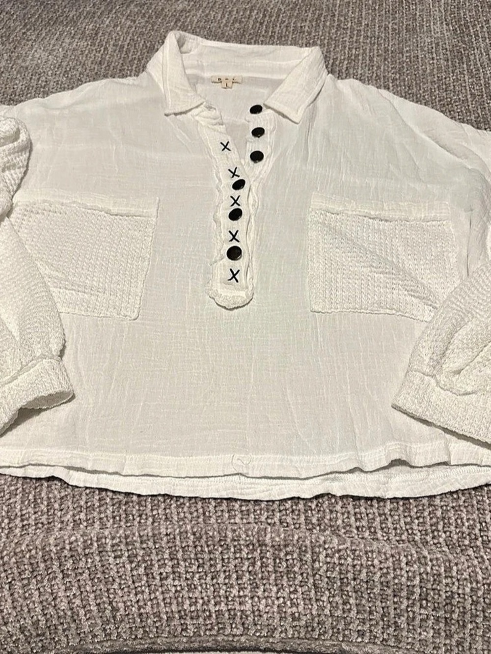 POL Waffle K and Double Gauze Button Down Top White Large - Picture 3 of 6